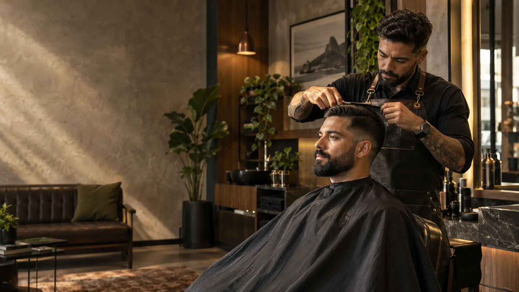 Atendimento em barbearia contemporânea