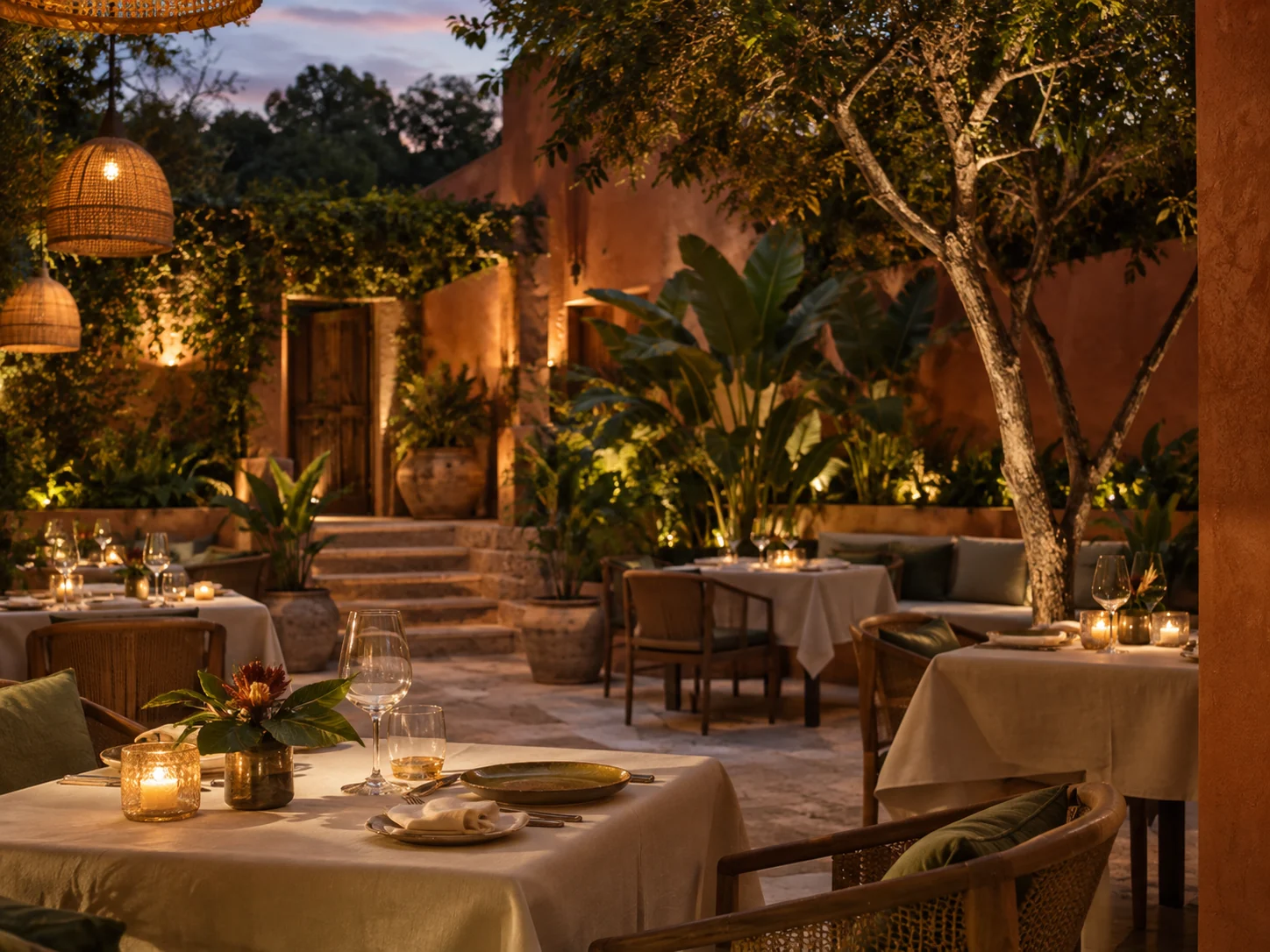 Mesas preparadas no jardim do restaurante